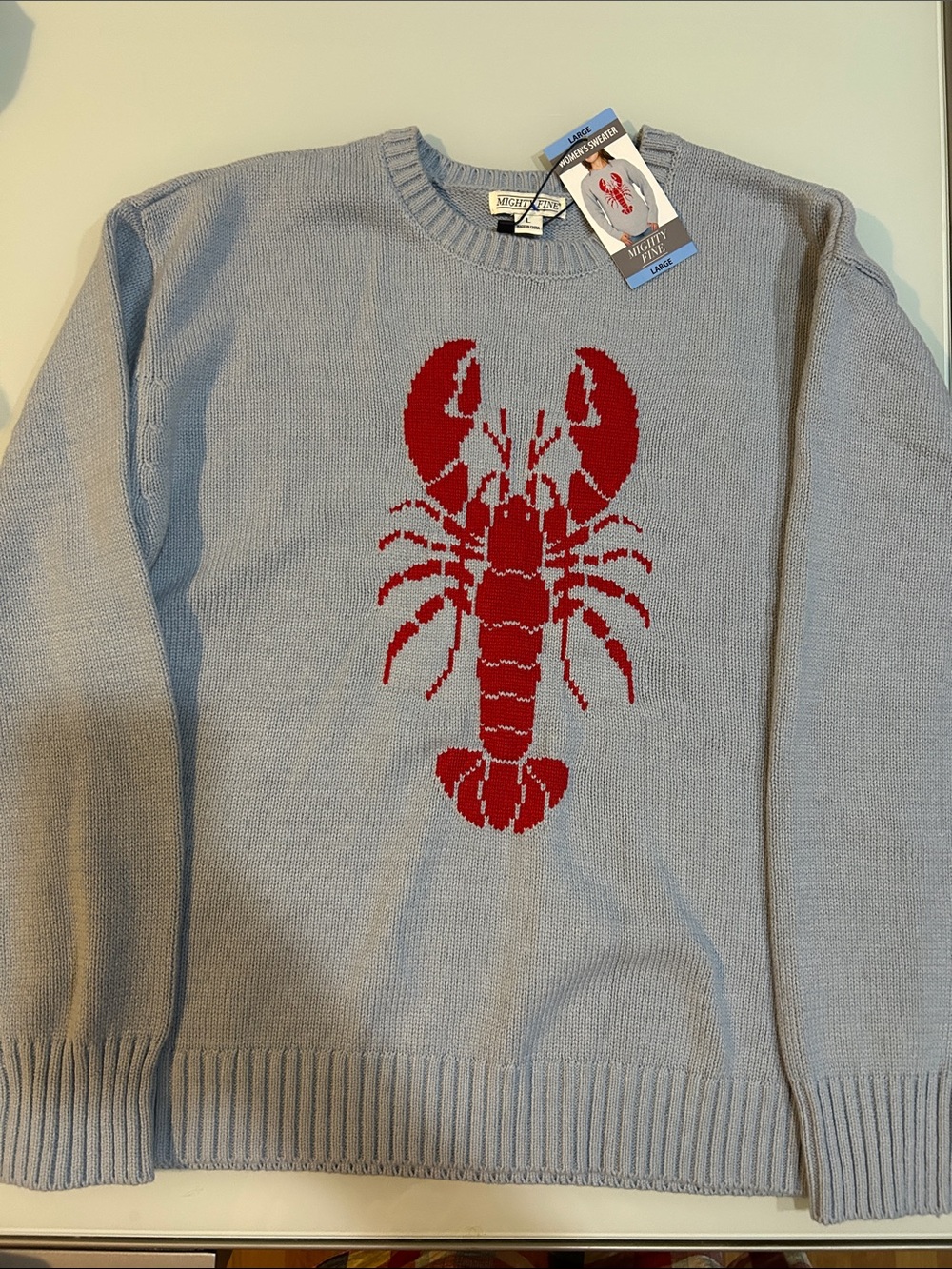 NWT Mighty Fine blue and red Crewneck Sweater with Lobster Motif